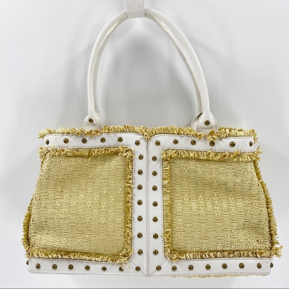 BCBGirls Handbags - BCBGIRLS White Vegan Leather Straw Studded Tote